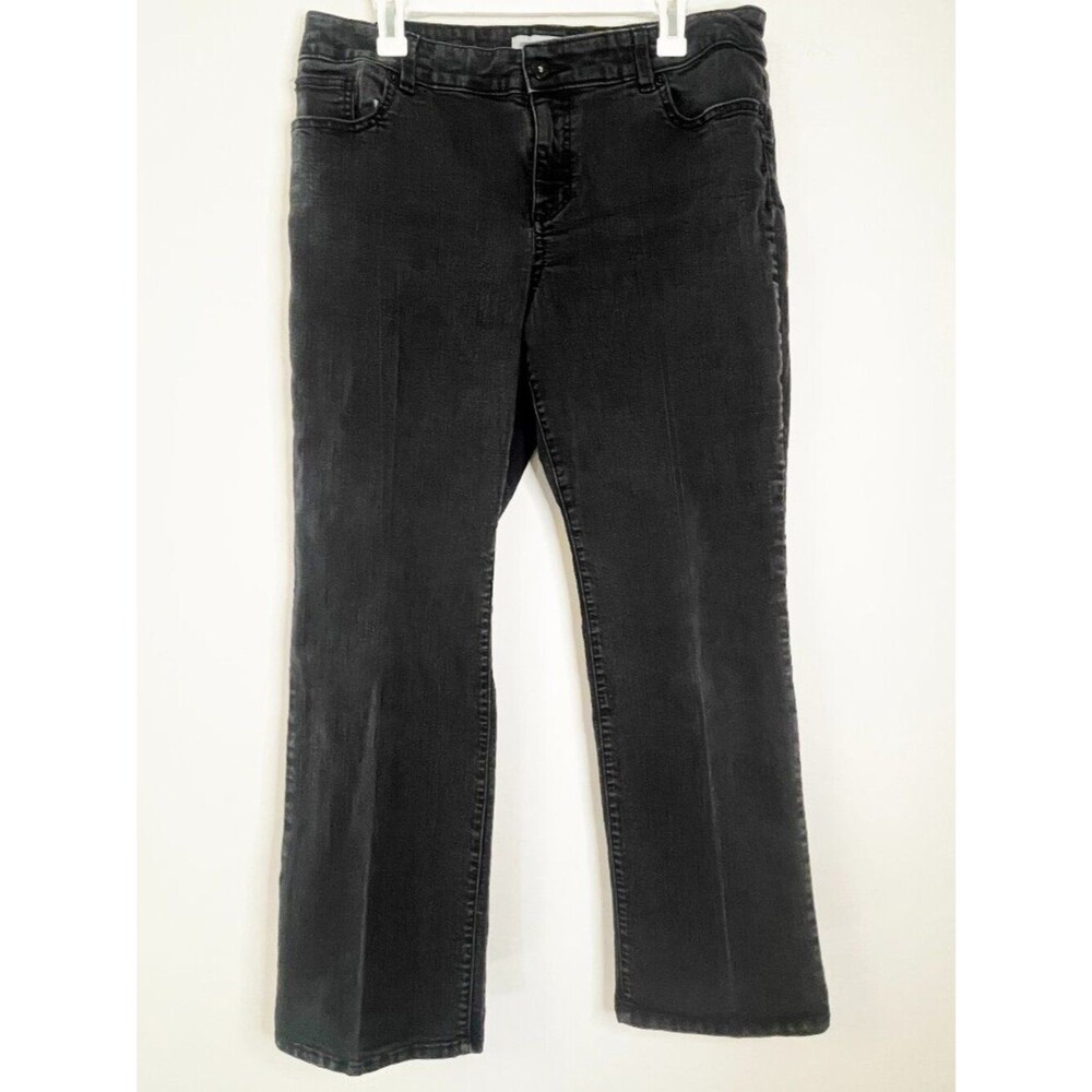 Chico’s Platinum Denim Jeans Black Boot Leg Mid Rise Stretch Classic Size 12